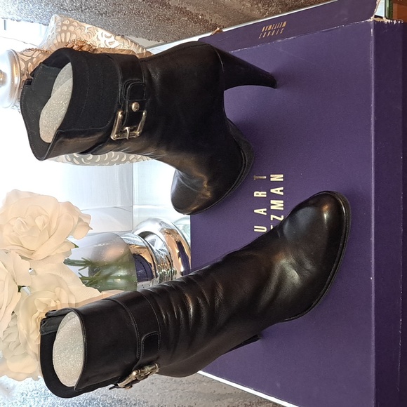 NEW Stuart Weitzman Buckeroo Black Leather Buckle Trim High Heeled Boots Sz 8.5 - Picture 3 of 3